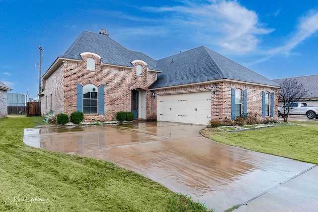 french country inspired facade featuring a front yard and a garage