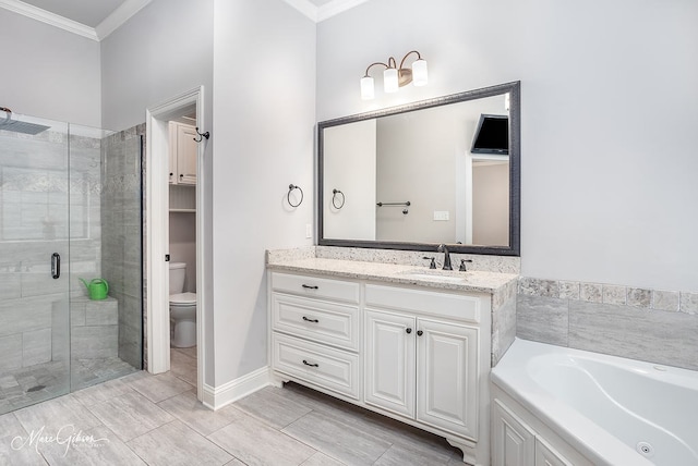 full bathroom with separate shower and tub, crown molding, vanity, and toilet