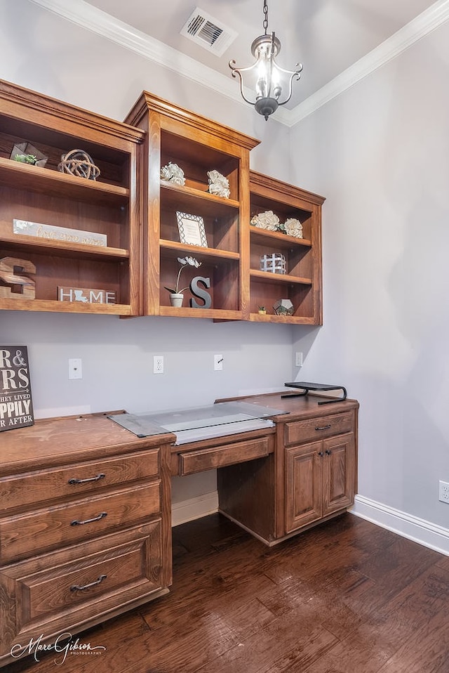 office with crown molding, dark hardwood / wood-style flooring, and a chandelier