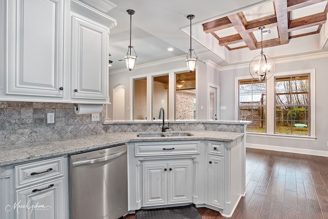 kitchen with white cabinetry, dishwasher, sink, tasteful backsplash, and dark hardwood / wood-style flooring