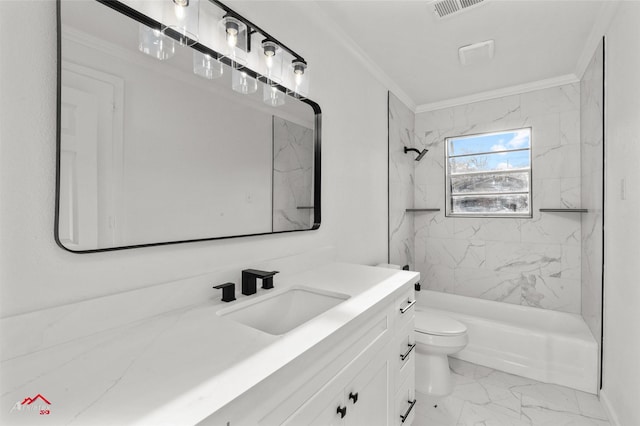 full bathroom featuring crown molding, toilet, vanity, and tiled shower / bath