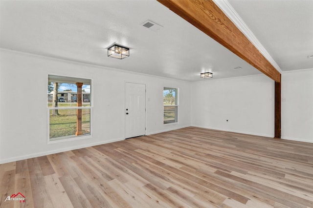 foyer entrance featuring ornamental molding, light hardwood / wood-style floors, and a healthy amount of sunlight