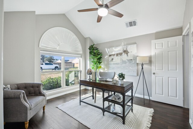 office with dark hardwood / wood-style floors, ceiling fan, and vaulted ceiling