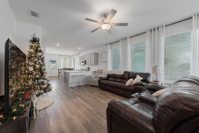 living room featuring light wood-type flooring and ceiling fan