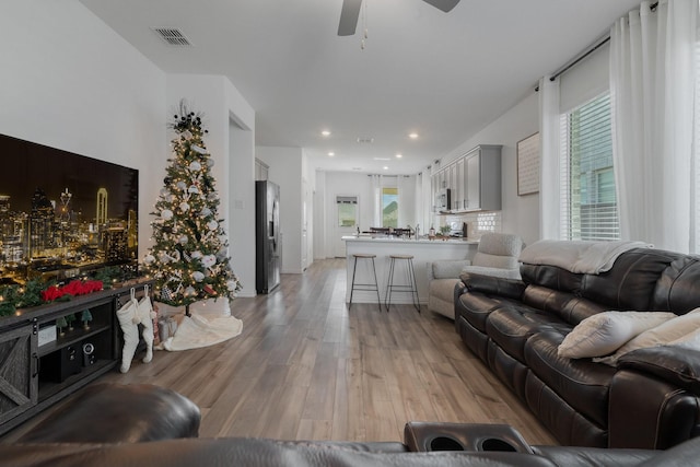 living room featuring ceiling fan and light wood-type flooring