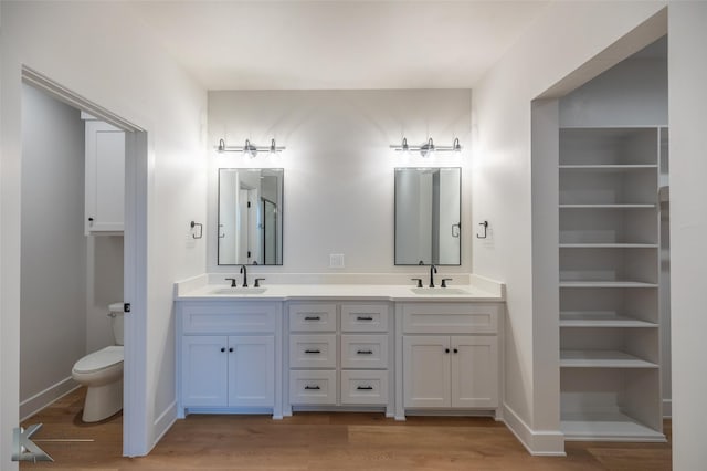 bathroom with vanity, hardwood / wood-style flooring, and toilet