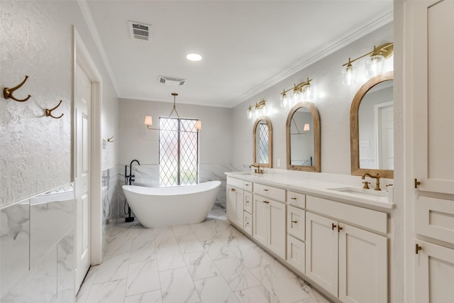 bathroom featuring vanity, ornamental molding, a bath, and tile walls