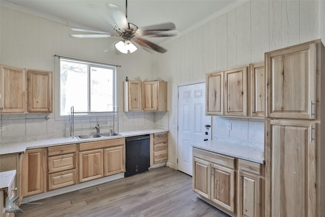 kitchen featuring sink, decorative backsplash, ornamental molding, black dishwasher, and light hardwood / wood-style floors