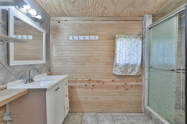 bathroom with vanity, wood ceiling, and wood walls