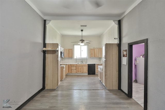 kitchen with dishwasher, ceiling fan, tasteful backsplash, light wood-type flooring, and water heater