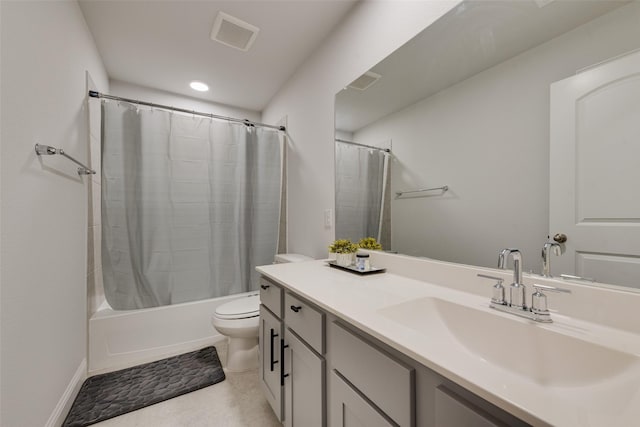 full bathroom with shower / bath combination with curtain, toilet, and vanity