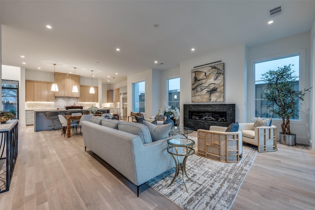 living room with light hardwood / wood-style floors and a premium fireplace