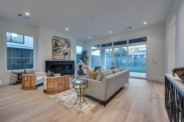 living room with a fireplace and light hardwood / wood-style floors