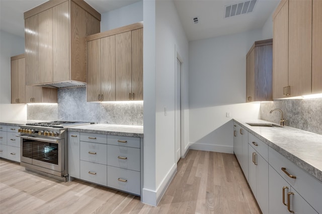 kitchen with high end stove, decorative backsplash, sink, and light wood-type flooring