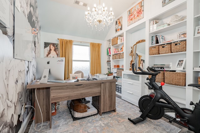 office with an inviting chandelier and vaulted ceiling