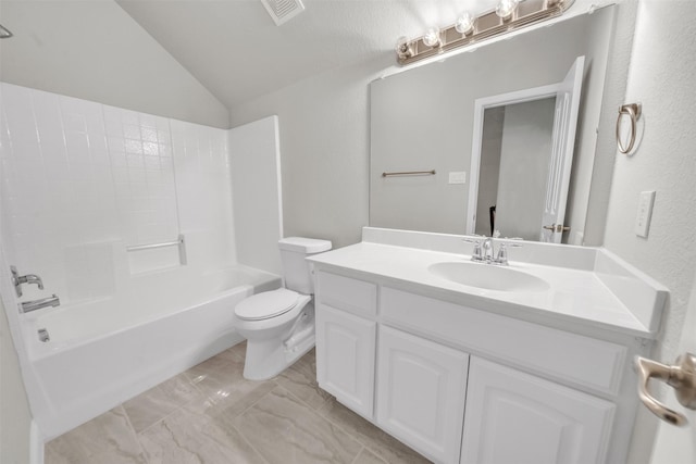 full bathroom with toilet, shower / tub combination, vanity, and vaulted ceiling