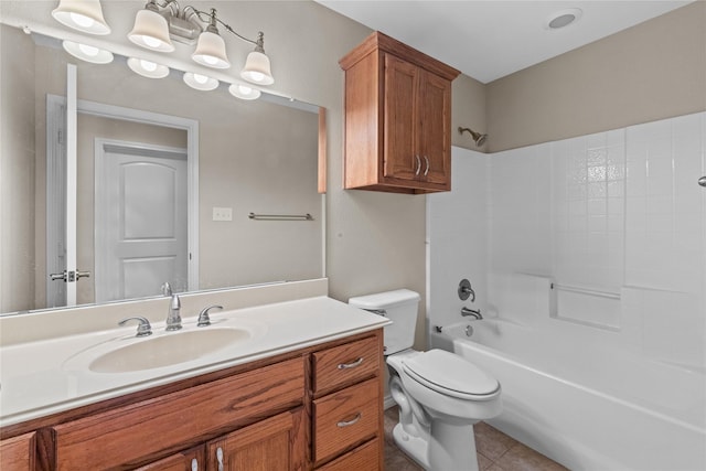 full bathroom with toilet, shower / bathing tub combination, vanity, and tile patterned floors