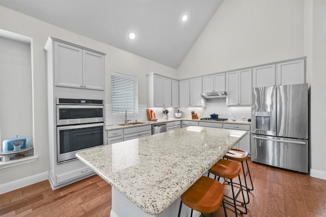 kitchen with sink, a center island, light stone counters, high vaulted ceiling, and appliances with stainless steel finishes