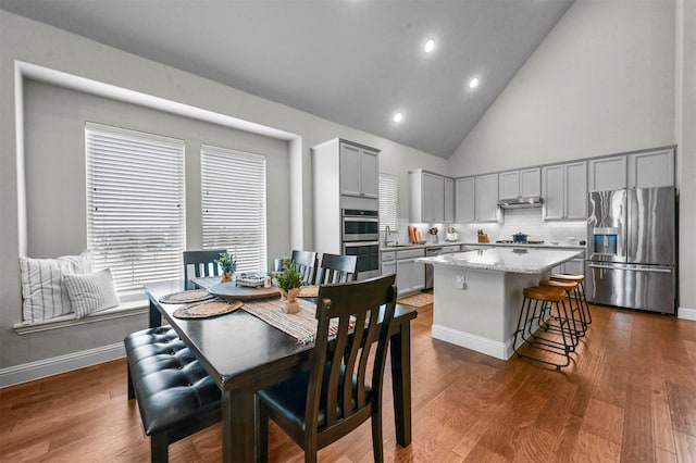 dining room with sink, high vaulted ceiling, and dark wood-type flooring