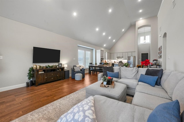 living room with wood-type flooring and high vaulted ceiling