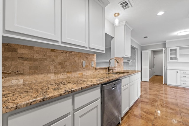 kitchen featuring dishwasher, white cabinets, light stone countertops, and sink