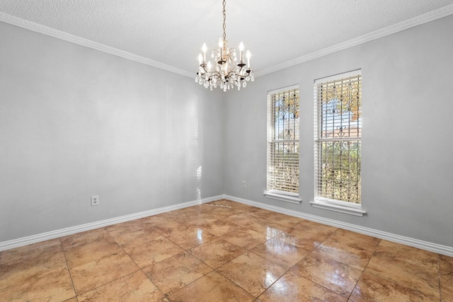 empty room featuring a textured ceiling, crown molding, and an inviting chandelier