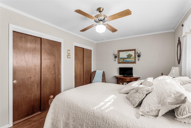 bedroom featuring multiple closets, hardwood / wood-style flooring, ceiling fan, and ornamental molding