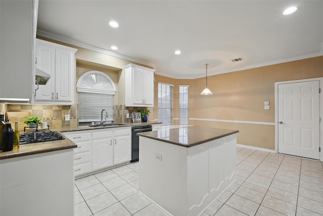 122 Wentwood Dr, Murphy, TX 75094 - kitchen featuring dishwasher, ornamental molding, backsplash, light tile patterned floors, and white cabinetry