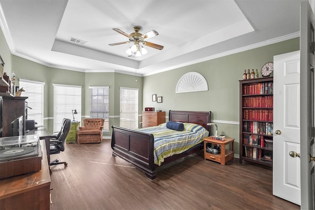 bedroom featuring a tray ceiling, multiple windows, and ceiling fan