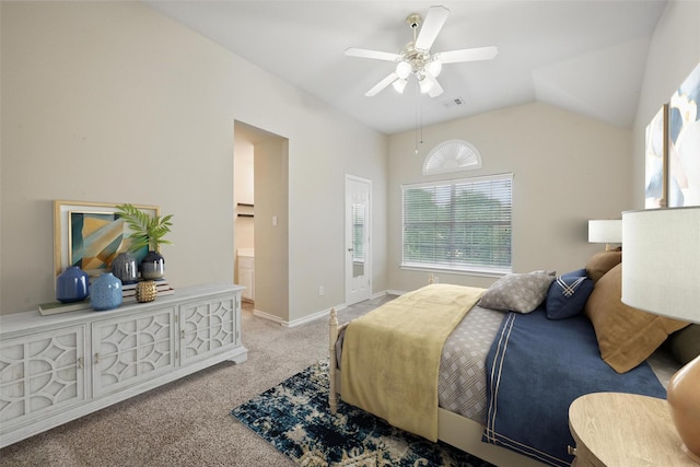 122 Wentwood Dr, Murphy, TX 75094 - carpeted bedroom featuring lofted ceiling, a ceiling fan, and ensuite bath