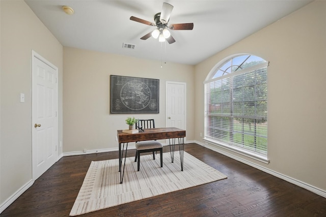 122 Wentwood Dr, Murphy, TX 75094 - office space with ceiling fan and dark wood-type flooring
