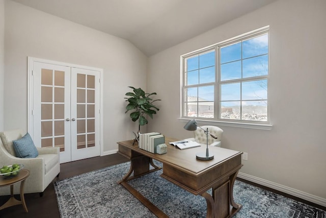 5317 Inwood Dr, Denton, TX 76207 - office area featuring french doors, dark hardwood / wood-style flooring, and vaulted ceiling