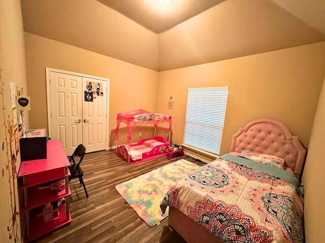 bedroom featuring dark hardwood / wood-style floors, vaulted ceiling, and a closet