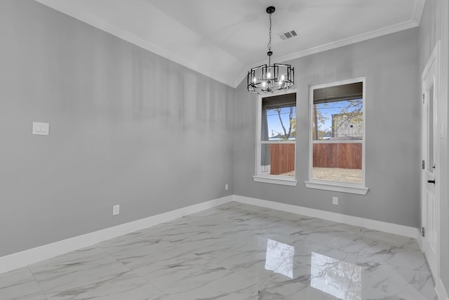 unfurnished dining area featuring vaulted ceiling, an inviting chandelier, and crown molding