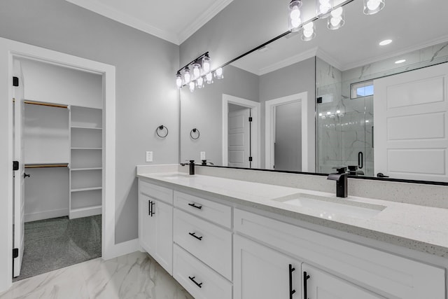 bathroom with vanity, an enclosed shower, and ornamental molding