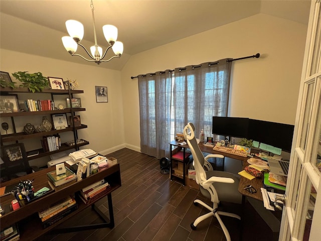 home office with a notable chandelier, dark hardwood / wood-style floors, and lofted ceiling