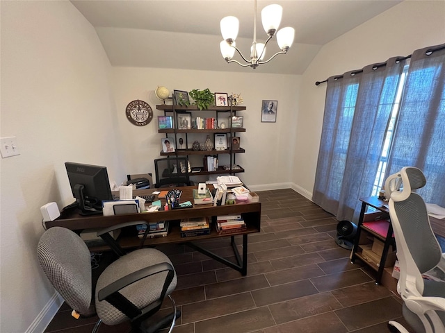 office featuring vaulted ceiling and a notable chandelier