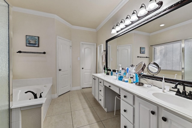 bathroom featuring a tub, tile patterned flooring, vanity, and ornamental molding