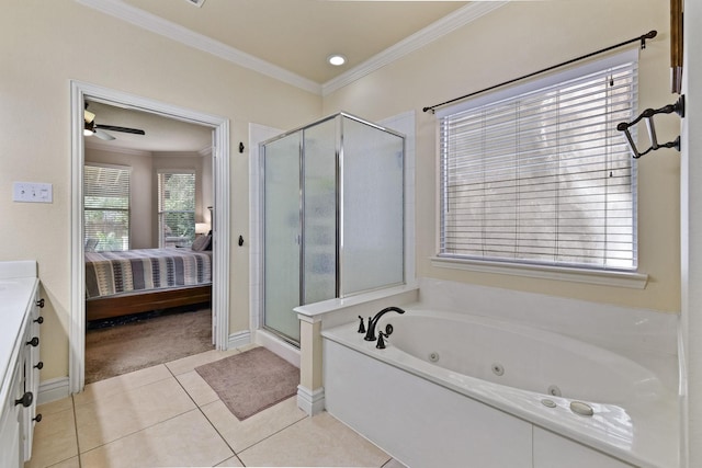 bathroom with tile patterned flooring, separate shower and tub, ceiling fan, and ornamental molding