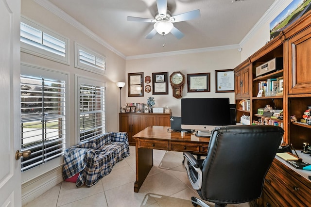 office with ceiling fan, light tile patterned floors, and ornamental molding