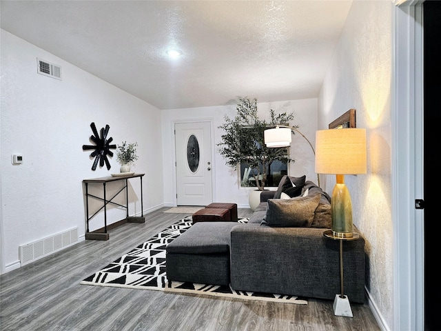 living room with wood-type flooring and a textured ceiling