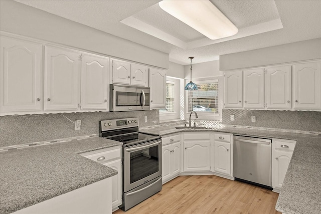 kitchen featuring stainless steel appliances, a tray ceiling, sink, pendant lighting, and white cabinets