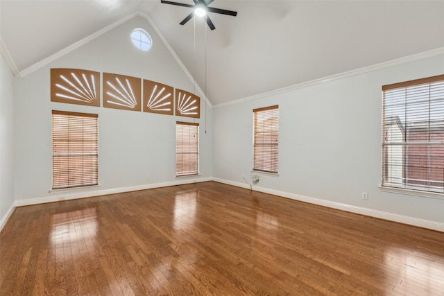 unfurnished room with ceiling fan, wood-type flooring, lofted ceiling, and crown molding