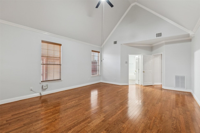 empty room with crown molding, ceiling fan, high vaulted ceiling, and hardwood / wood-style flooring