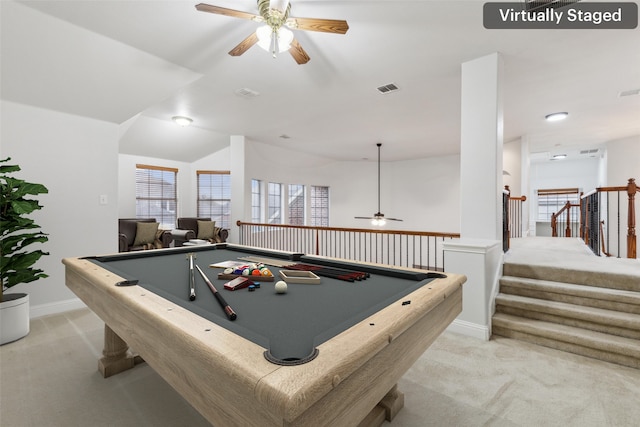 rec room featuring ceiling fan, billiards, and light carpet