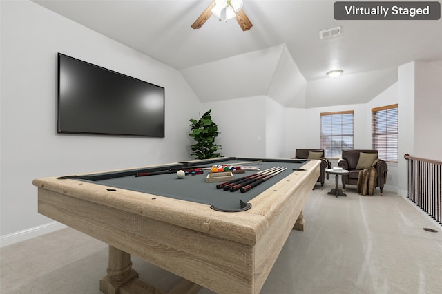 game room with ceiling fan, lofted ceiling, light carpet, and billiards