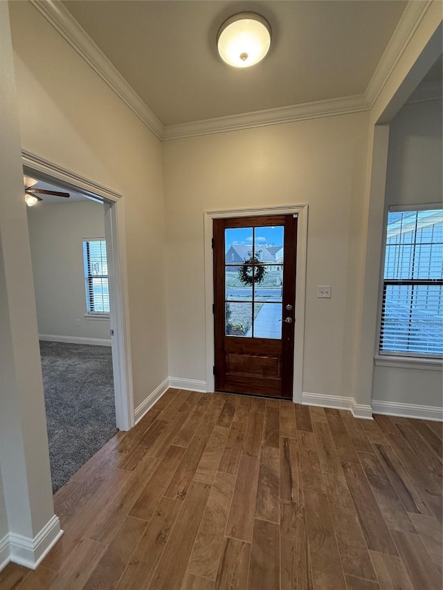 entrance foyer with crown molding and hardwood / wood-style flooring