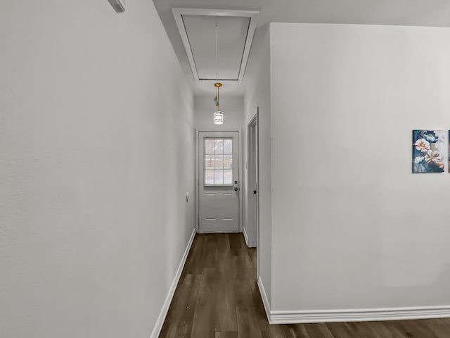 corridor with dark hardwood / wood-style flooring