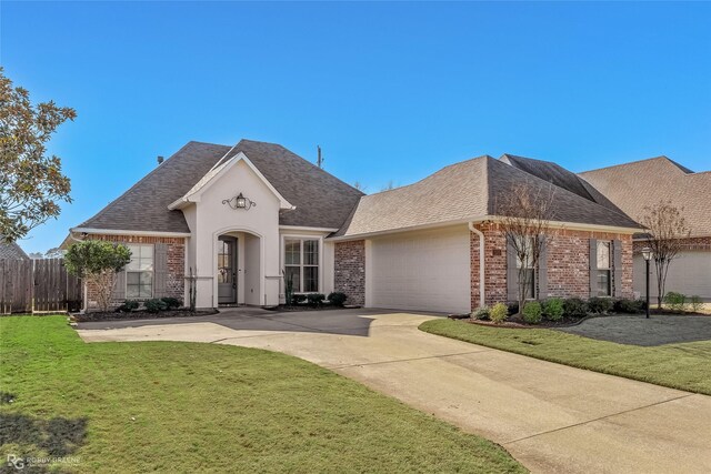 french country home featuring a garage and a front lawn