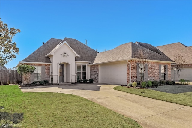 french country style house featuring a garage and a front yard